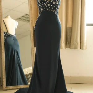 Elegant V-Neck Spaghetti Strap Satin Mermaid Prom Dress with Sequin Embellishments