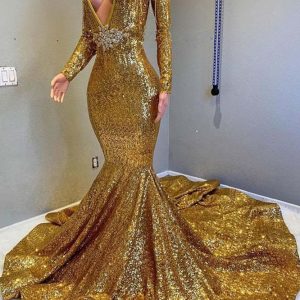 Opulent Gold Sequin Long Sleeve V-Neck Mermaid Prom Gown with Applique Detail