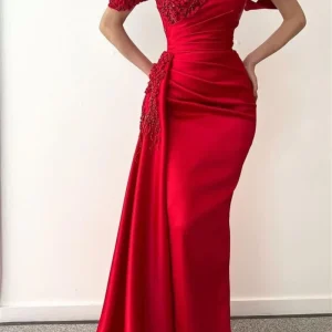 Elegant Red Mermaid Prom Dress: V-Neck, Off-Shoulder, Beaded, Long Ruffles Gown