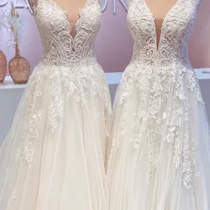 Wide Straps Open Back A-Line Wedding Dress with Lace Appliques Tulle