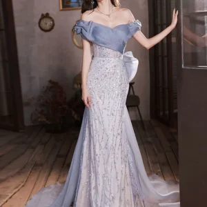 Dusty Blue Fishtail Fitted Off The Shoulder Occasion Dress Prom Dress