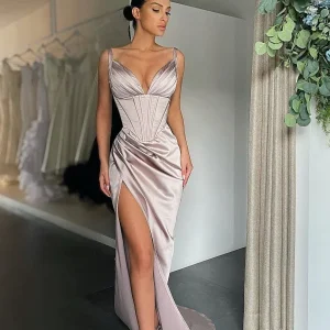 Blushing Pink Pleated V-Neck Prom Dress with High Slit Gown