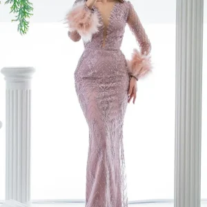 Elegant Pink Long Sleeves Beaded V-Neck Feather Mermaid Prom Dress