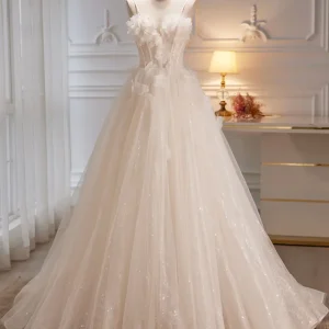 Spaghetti-rem genomskinlig balklänning Ivory Bröllopsklänning