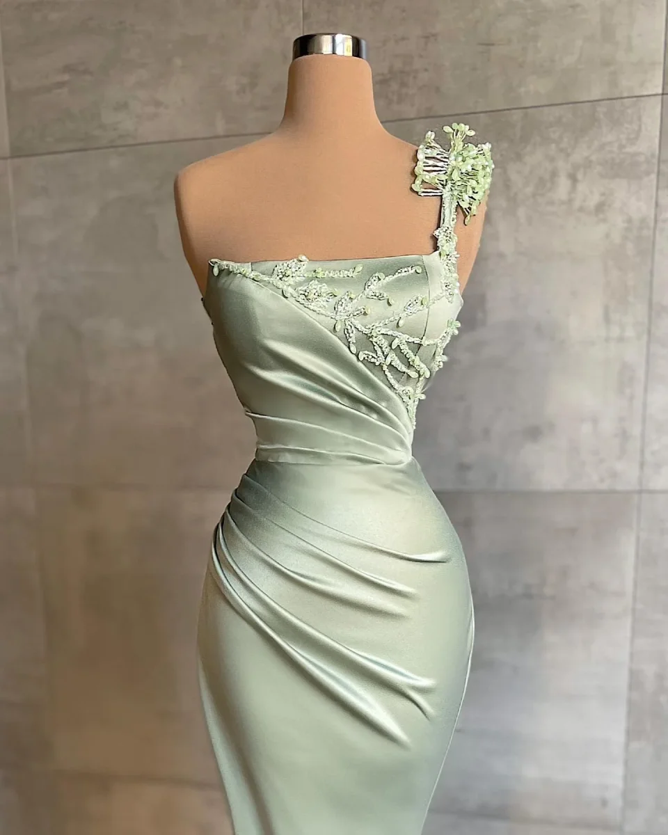 Elegant One Shoulder Slim Satin Mermaid Prom Dress for Women with Appliques and Ruffles - Bild 3
