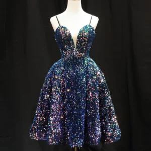 Sparkly Spaghetti Strap A-line Short Sequin Blue Homecoming Dress