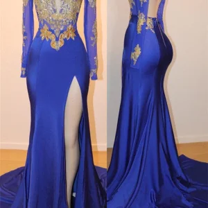 Royal Blue Long Sleeve Prom Dress with High Slit Formal Gown