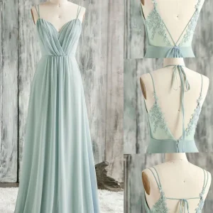 Green A Line Chiffon Lace Long Prom Dress