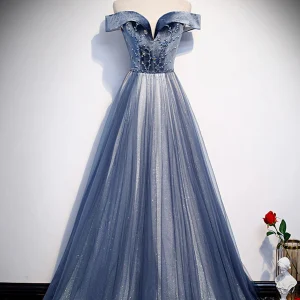 Elegant Blue Tulle Beaded Long Prom Dress with Sparkling Evening Details