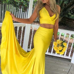 Elegant Two-Piece Yellow Mermaid Prom Dress - Formal Evening Gown