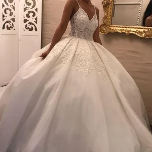 Elegant Spaghetti Strap V-Neck Floor-Length Ball Gown Wedding Dress with Lace Appliques