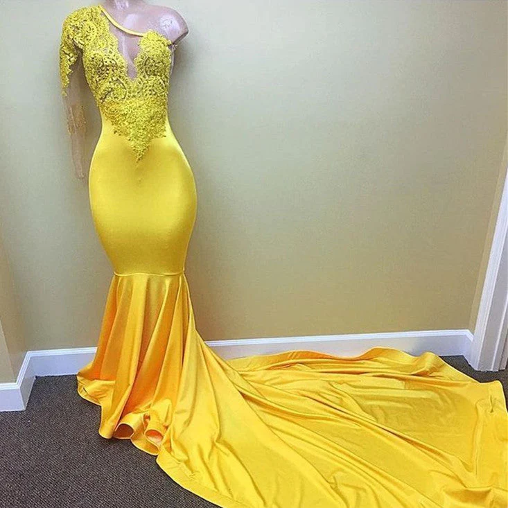 Radiant Yellow One-Shoulder Mermaid Prom Dress with Delicate Appliques - Bild 2