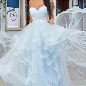 Elegant Baby Blue Tulle Prom Dress with Applique, Strapless Formal Gown