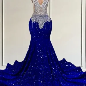 Luxury Royal Blue Sequins Mermaid Prom Dress with Shiny Crystals for Prom