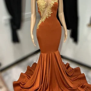 Sleeveless Tulle Mermaid Brown Prom Dress with Appliques - Elegant Long Gown