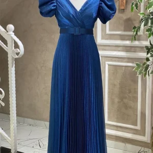 Elegant Royal Blue V-Neck Short Sleeve Evening Dress with Belt