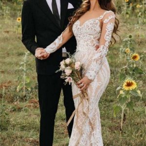 Illusion Långärmad Sjöjungfruklänning i Spets med Skir Applikation