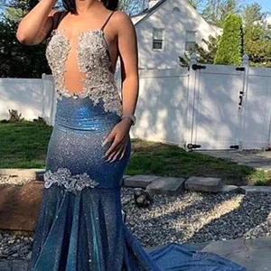 Elegant Blue Sequin Mermaid Prom Dress with Spaghetti Straps