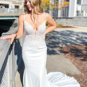 Modern Mermaid Wedding Dress: Spaghetti Straps, Sweetheart Neckline, Open Back, Lace Appliques