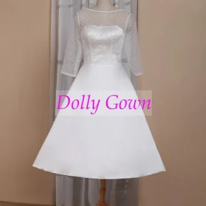 A-linje Pinup Rockabilly Polka Dot Bateau Hals Te Lång 50-tal Bröllopsklänning med ärmar