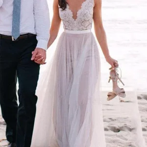 Summer Beach Lace Top Boho Bröllopsklänning med V-rygg