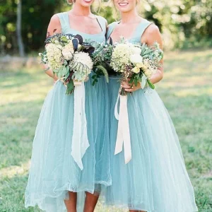 Vackra Mint Tea Långa Tyll Brudtärnklänningar med breda remmar