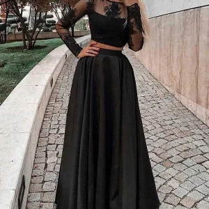 Svart mode långärmad spets tvådelad festklänning