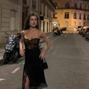 Svart spets fransk stil midi slipklänning