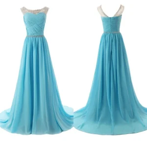 A-line Chiffong Bead Blue Illusion Neck Balklänning