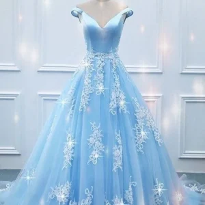 Blå Off Shoulders Spets Puffy balklänning