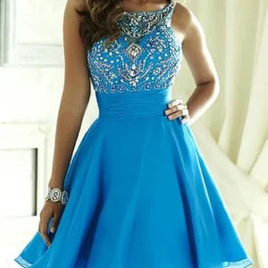 Rhinestones Bead Top Blue Chiffong A-line Short Homecoming Dress