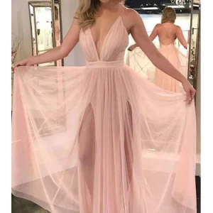 Blush Pink Flowy Side Slits Plunge V-hals Sexig Party Balklänning