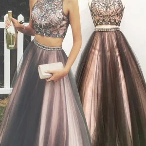 Brun tvådelad balklänning Lång balklänning Poofy balklänning för tonåringar