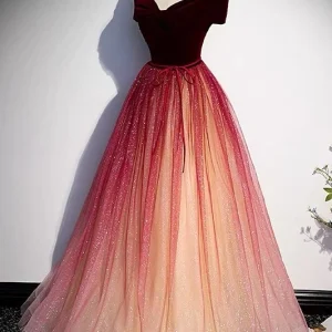 Burgundy Fairytale Off Shoulders Gradient balklänning