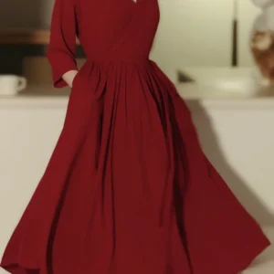 Burgundy Modest 50s Vintage V-ringad sommarklänning med ärmar