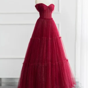 Elegant Off-Shoulder Tulle A-Line Prom Gown: Shiny Burgundy Long Formal Dress