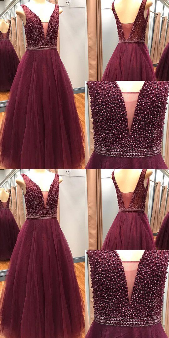 Snygg Burgundy Plunge V-ringad Tulle Puffy balklänning - Bild 3
