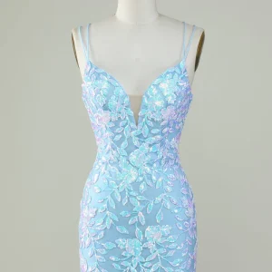 Light Blue Sparkly Lace Up Back Short Homecoming Party Dress