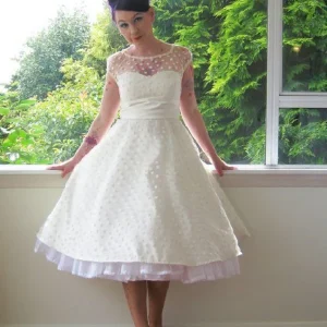 Kepsärmad 1950-talsstil te Längd Polka Dot Bröllopsklänning