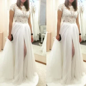 Kepsärmar Spets Crop Top Bridal Separater | Tvådelad brudklänning med slits