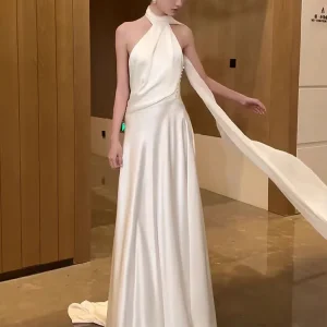 Casual Halter Neck Low Back Silk Slip Wedding Dress with Draping