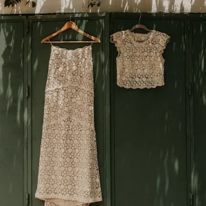 Casual sjöjungfru lång tvådelad spets bröllopsklänning |Crop Top Brud Separater