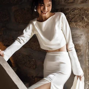 Casual Silk Two Piece Wedding Dress with Long Sleeves and Side Slit