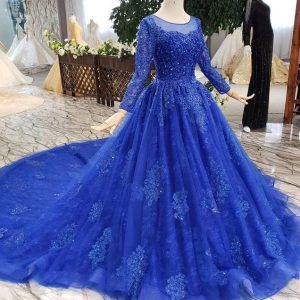 Cathedral Train Royal Blue Princess Balklänning med ärmar