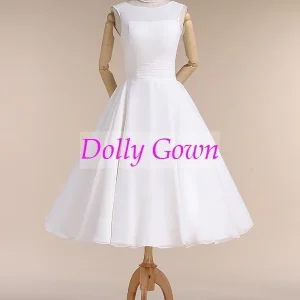 Juvelhals vintagestil 50-tals te-lång bröllopsklänning för äldre brudar över 40