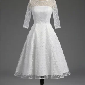 Klassisk prickig vit kort brudklänning med ärmar | 1950-talet Pin Up brudklänning