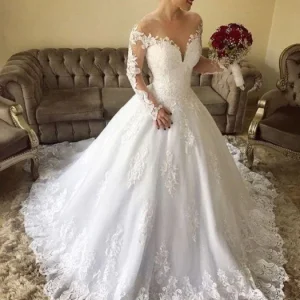 Snygg spets långärmad Country Off Shoulders Balklänning Bröllopsklänning