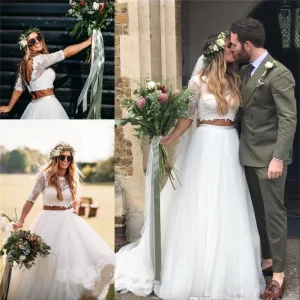 Country Style Långärmad Spets 2-delad Bröllopsklänning | Crop Top Bridal Separations