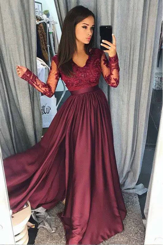 Custom Modest Burgundy Långärmad balklänning | Vacker festklänning - Bild 2