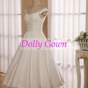 Vintage 1950-talsinspirerad Off Shoulders Bomull Te Lång Bröllopsklänning med spetskant